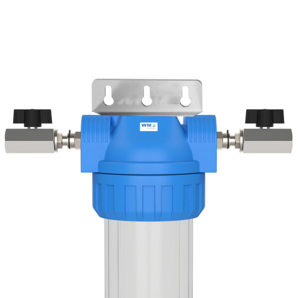 Polypropylene filter housing size S with 1/2" IT connection and stopcock incl. Stainless steel wall mounting bracket