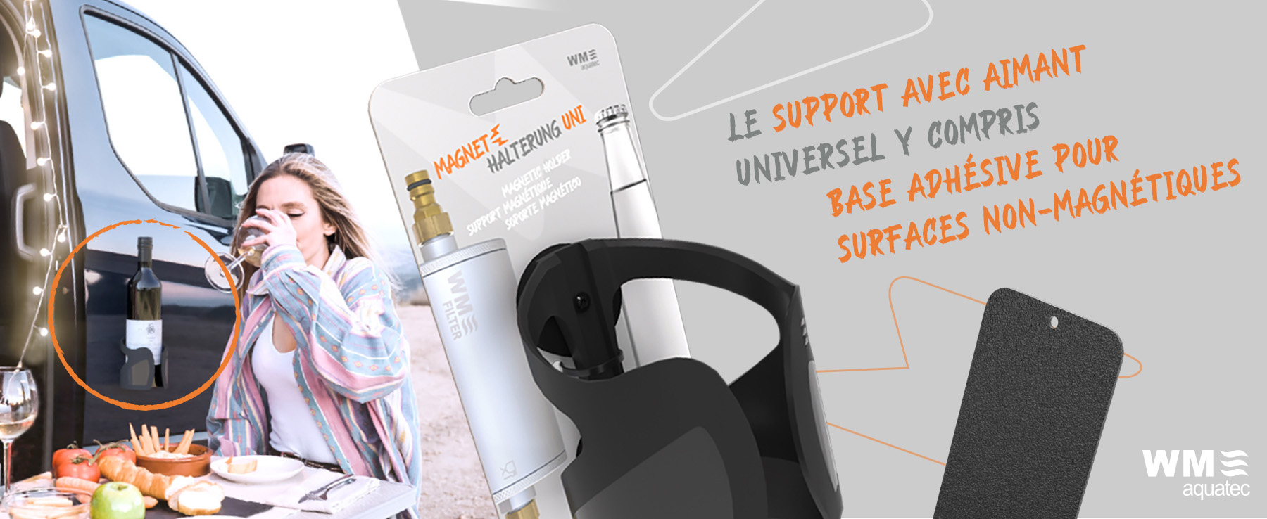 Support avec aimant universel y compris base adhésive pour surfaces non magnétiques